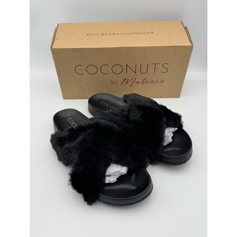 Coconuts by Matisse Seasons Faux Fur Slides Black Women's Size 9M w/ Box